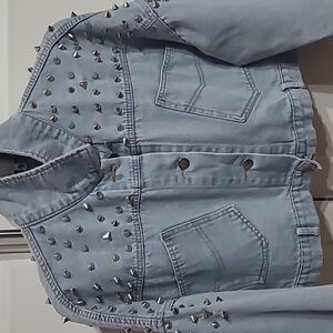 Women's Cropped Jean Jacket 2pocket button down Silver Cone Studs pre loved G/C